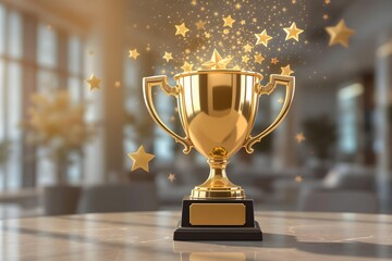 Golden Trophy Award:  Achievement, Success, Celebration, Stars, Luxury, Premium Quality, Elegant Design.