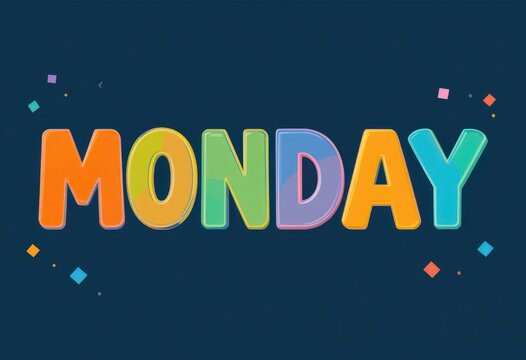 Colorful MONDAY text against a dark blue background with confettilike decorations