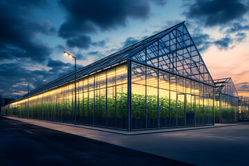 Obraz premium Modern agricultural greenhouse facility illuminated at night