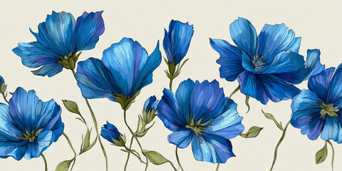 Delicate blue flowers with detailed petals and green stems on a creamy background.