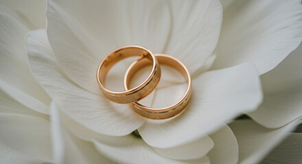 Golden Wedding Rings Nestled on Delicate White Flower Petals, Close-Up