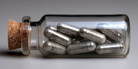 A clear glass vial with a cork stopper contains multiple metallic silver capsules filled with granular contents.