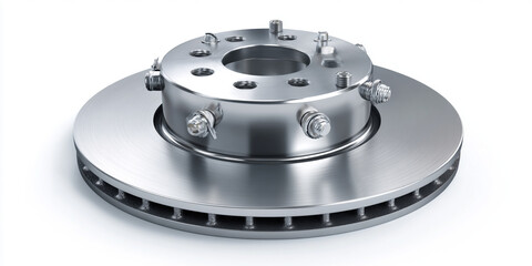 A shiny metallic brake disc assembly with bolts and a central hub sits on a white background.