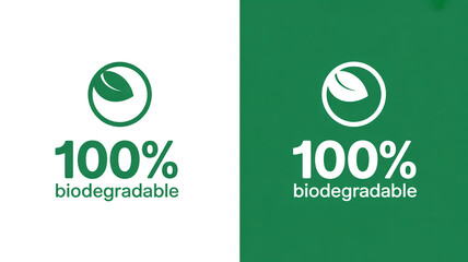A minimalist logo design showing 100% BIODEGRADABLE in green text against two contrasting backgrounds.