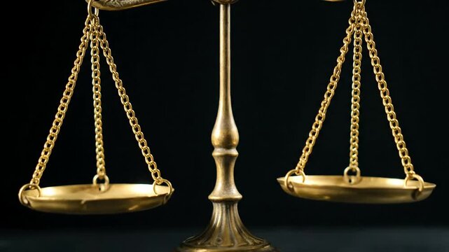 A classic golden balance scale, symbolizing justice and fairness, is perfectly balanced against a dark background.