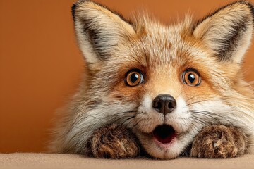 fox face. Open mouth. Surprise, shock, paws on head on color background. Space for text.
