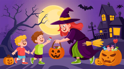 Whimsical halloween scene with a friendly witch giving candy to children trick or treating in front of a spooky haunted house silhouette