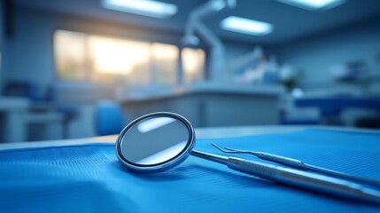 Dental Precision Tools Ready in Modern Clinic with Sunset Background.