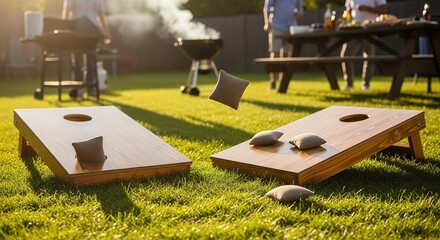 Outdoor Cornhole Game Setup in Sunny Backyard During Social Gathering
