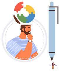 Thoughtful man with puzzle piece bubble and large pen highlights problem-solving, creativity, planning, brainstorming, decision-making, innovation, and idea development. Ideal for simple flat