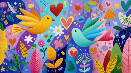 Obraz premium Vibrant abstract painting featuring colorful birds, flowers, and decorative elements on a lively background