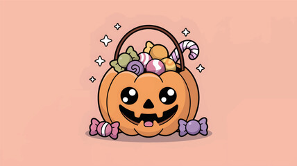 Cute cartoon pumpkin bucket overflowing with colorful halloween candy and wrapped sweets a festive silhouette