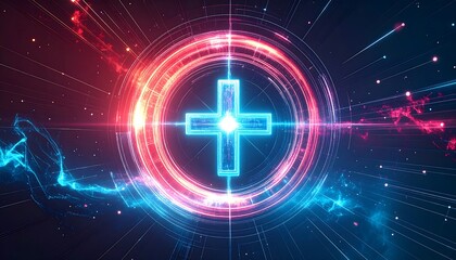 Glowing plus sign surrounded by concentric circles emits vibrant red and blue light in a futuristic, hightech environment, creating a sense of innovation and connectivity.