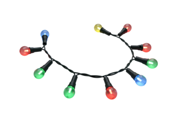 Vibrant multi-colored LED party lights, red, green, blue, yellow, orange bulbs illuminated in a graceful S-curve, isolated on transparent background, no shadows, pristine product photography concept