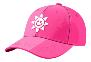 Pink Baseball Cap with Smiley Sun, Transparent Background, 3D Realism Design Element