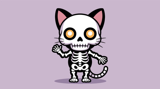 Cute cartoon skeleton cat character waving hello with glowing eyes and a playful pose silhouette
