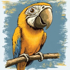Retro-style cartoon drawing of a cute yellow parrot