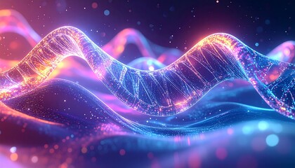Abstract glowing waves flow through digital space, creating a futuristic and vibrant technological landscape with a sense of innovation and connectivity.