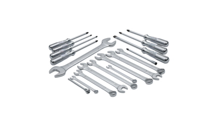 Complete set of shiny wrenches and screwdrivers, essential for repairs and DIY projects, organized tools for mechanics