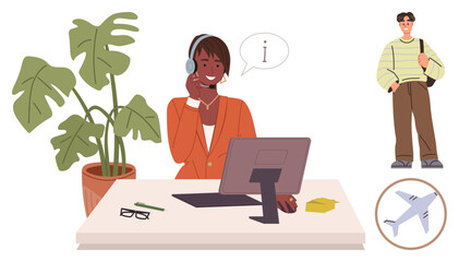 Smiling agent with headset and computer assisting customer. Traveler standing nearby with an airplane. Ideal for travel assistance, customer support, tourism, booking, communication, service, simple