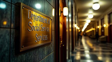 Department of Social Service Services brass sign in a long hallway.