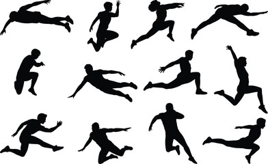Athlete silhouettes jumping, running, action poses, workout, sports training, male and female fitness, physical movement, dynamic motion, active lifestyle illustrations