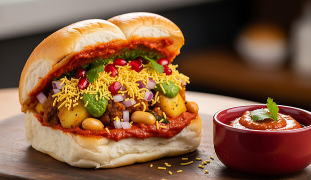 Tasty Indian dabeli served hot with sev, chutney, and pomegranate