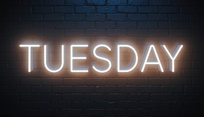 Obraz premium Neon sign spelling tuesday against a brick wall