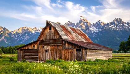 Obraz premium Rustic barn nestled in a valley, mountains in the background