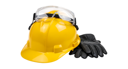 Safety first with this professional construction gear featuring hard hat, protective eyewear, and work gloves ready for any job