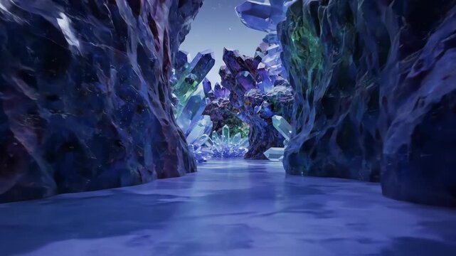 Journey Through A Crystal Cave Landscape At Night With Glowing Geodes And Reflective Water Creating Surreal Dreamscape