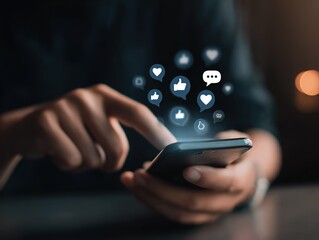 Social Media Interaction Moment: Fingers Touching Mobile Phone Screen with Virtual Likes and Comment Symbols Flying