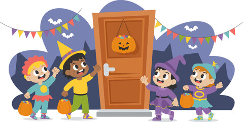Four happy children in halloween costumes stand at a decorated door ready for trick or treating silhouette