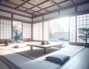 Fototapeta premium A hyper-realistic Japanese Zen living room glowing in golden magic hour light.
