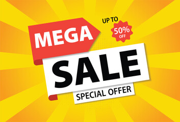 Mega Sale banner template design with comic background. Special offer up to 50% off. Mega sale vector illustration.