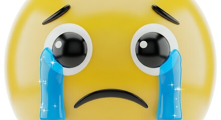 Sad Emoji Face with Large Eyes and Blue Tears on Yellow Background
