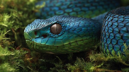 Fototapeta premium A vibrant, close-up portrait captures the intricate scales and intense gaze of a blue and green snake resting amongst lush foliage, evoking a sense of wild beauty and natural power.