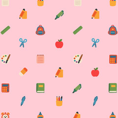 School Supplies Icon Pattern Background, Cute Education Illustration, Repeated Isolated Design, Colorful Study Decorative Graphic