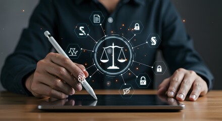 Business Person Using Digital Tablet with Legal and Security Icons in Futuristic Technology Style