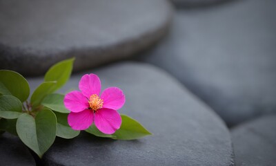Vibrant pink flower rests on smooth grey stones promoting serenity and natural beauty