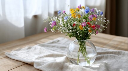 Colorful wildflowers in round glass vase on beige linen fabric with natural light, soft and vibrant floral arrangement, inviting home decor, cozy and elegant ambiance