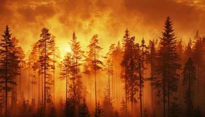 Fototapeta premium Breathtaking misty forest at sunrise bathed in warm, golden light creating a serene atmosphere