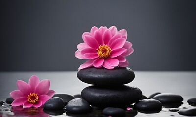 Elegant pink lotus flower atop zen stones evokes peace and serenity for spa and wellness