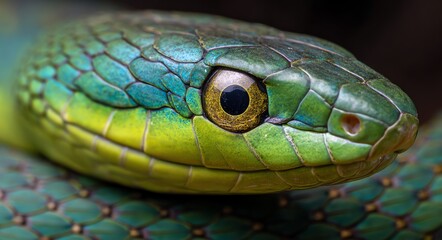 A captivating close-up reveals the intricate scales and piercing gaze of a vibrant green snake, highlighting its natural beauty and reptilian texture with stunning detail.