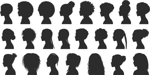 Collection of diverse black woman silhouette profiles, afro hairstyles, natural hair styles, female head vectors, side view portraits, beauty icons, hair diversity set