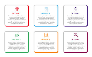 Marketing process visualization with white box diagram | Business data representation with 6 steps or option two side creative border | Colorful vector illustration for web, presentation, report