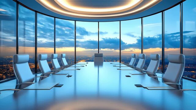 Modern boardroom with city view, long table, white chairs