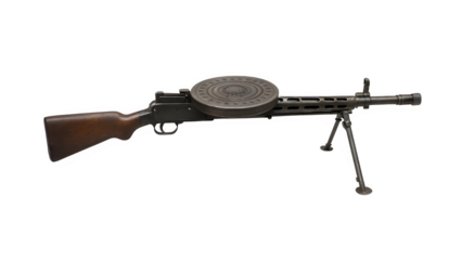 Vintage DP-28 Light Machine Gun with Round Pan Magazine on Transparent Background