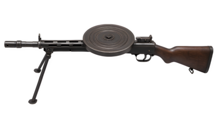 Vintage DP-28 Light Machine Gun with Round Pan Magazine on Transparent Background