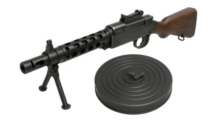 DP-28 Machine Gun with Detached Pan Drum Magazine on White Background